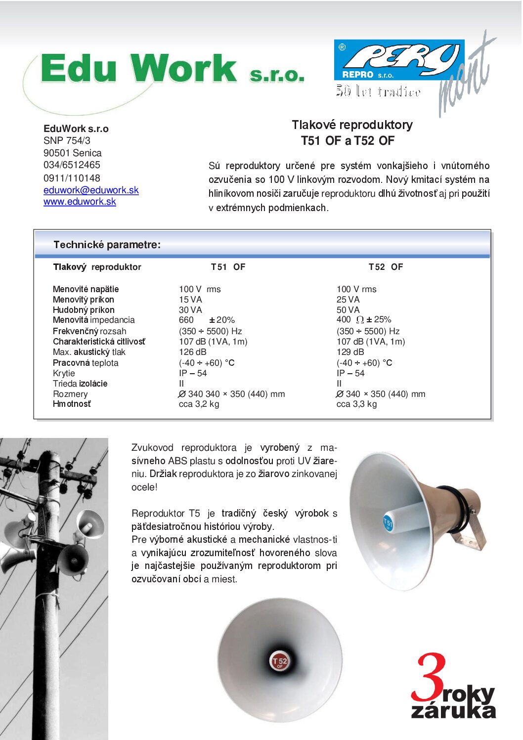 Tlakový reproduktor T51-OF 100V/15W – Obrázok 2